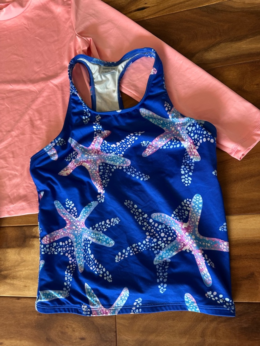 Lands' End Coral Long-Sleeve Rashguard Blue Starfish Tankini Set Youth 10/12 - Picture 2 of 7
